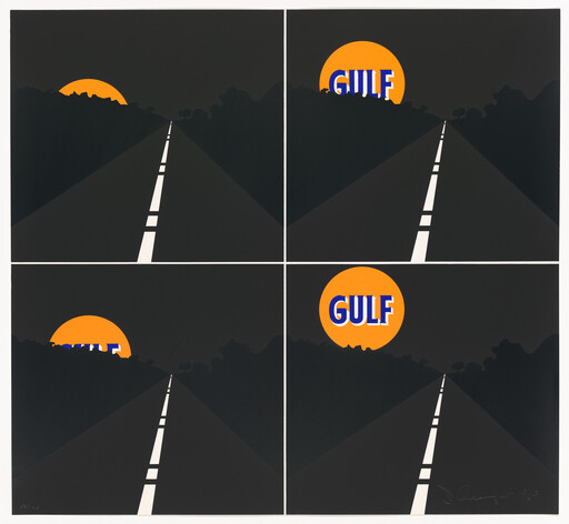 Four-panel graphic of a dark road with an orange sun rising that reveals the word "GULF".