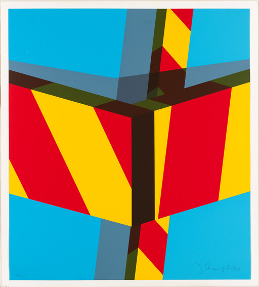 Intersecting red, yellow, blue, and dark brown geometric beams form a bold three-dimensional cube-like shape.
