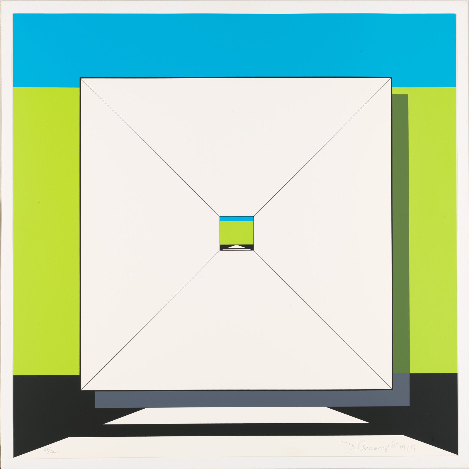 Large white square with converging lines and a small colored square centered against blue and green background.