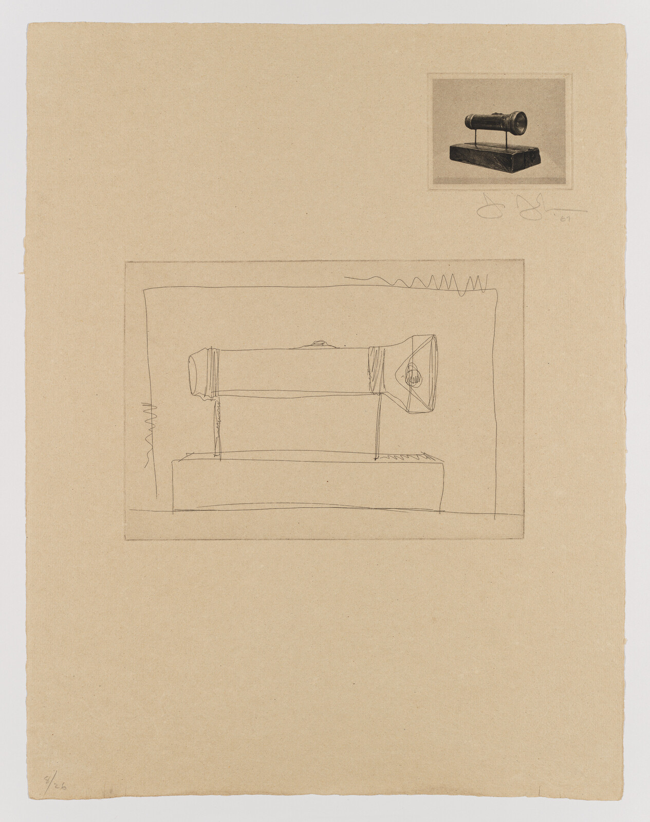 A simple pencil sketch of a cylindrical horn mounted on a rectangular base with small photo.