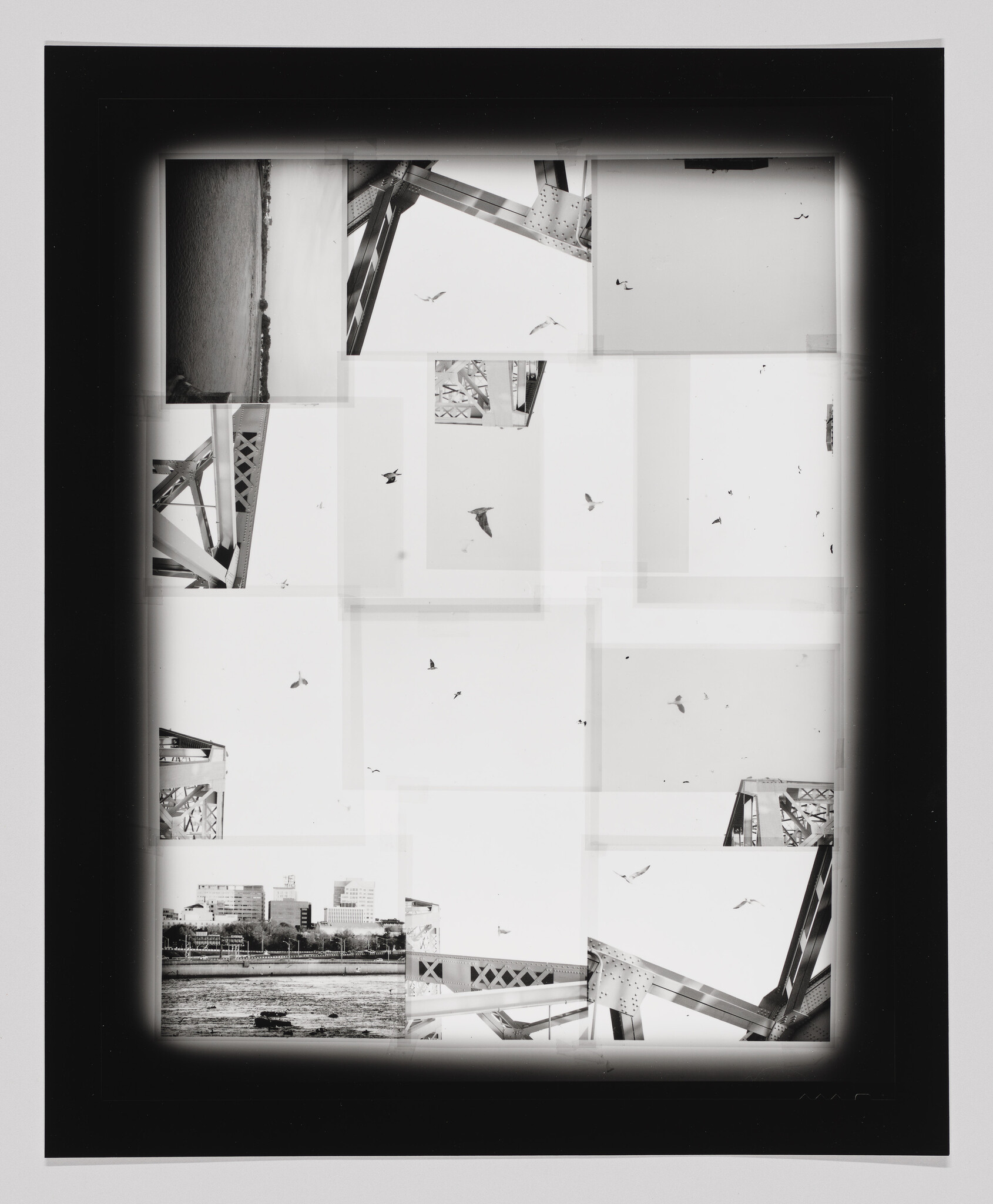 Overlapping film negatives show a steel bridge and birds flying above a city waterfront.