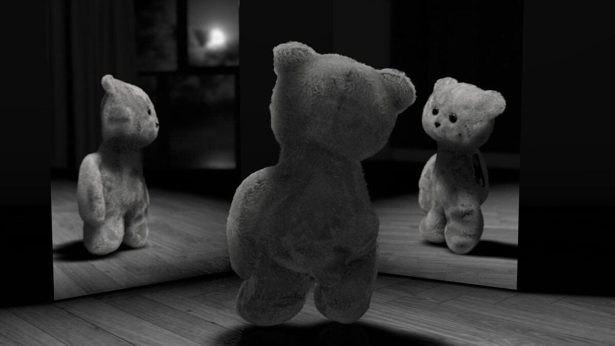 A black and white photo featuring three teddy bears in a room with wooden flooring. The bear in the foreground is seen from the back, looking towards the other two bears, which are facing the camera with one standing and the other sitting. The room is dimly lit with a soft glow coming from a window in the background.