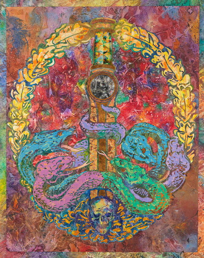 Several colorful snakes coil around a central pillar topped by a round medallion and a skull below.