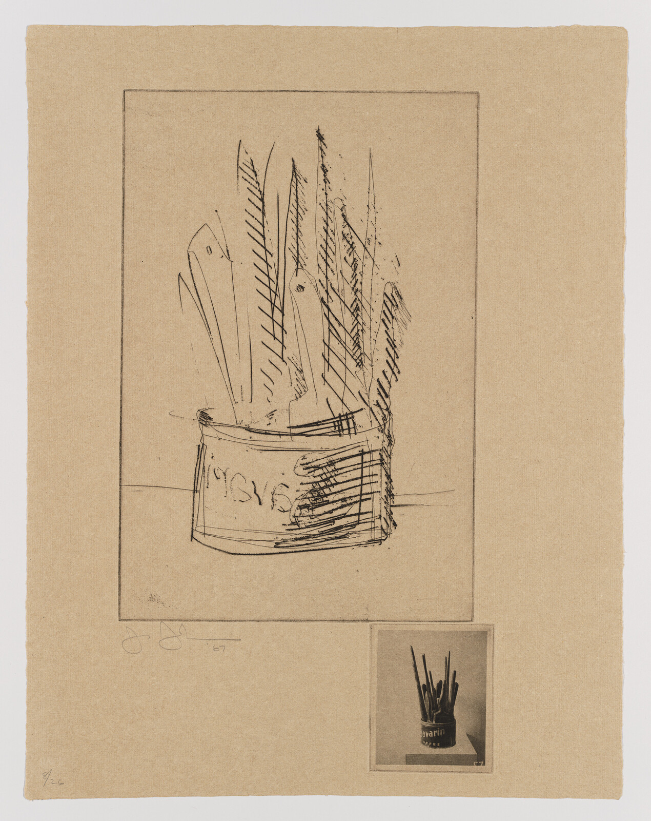 A sketch of a paintbrush-filled jar with a small photographic inset of the same object.