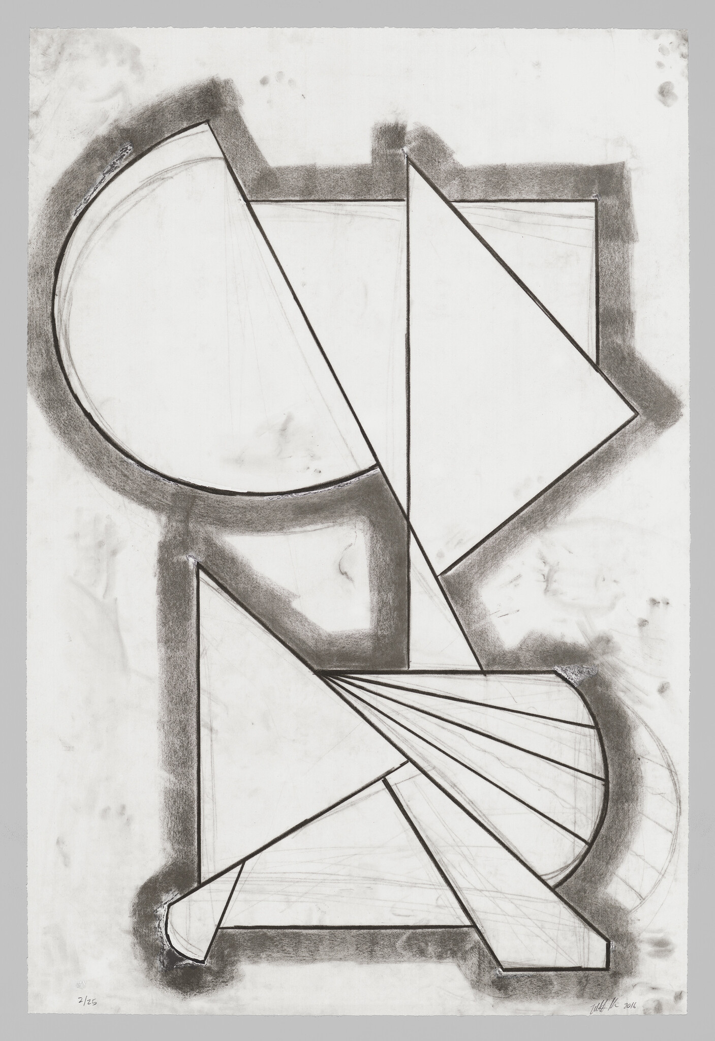 Abstract charcoal drawing showing overlapping geometric shapes including circles, triangles, and rectangles.