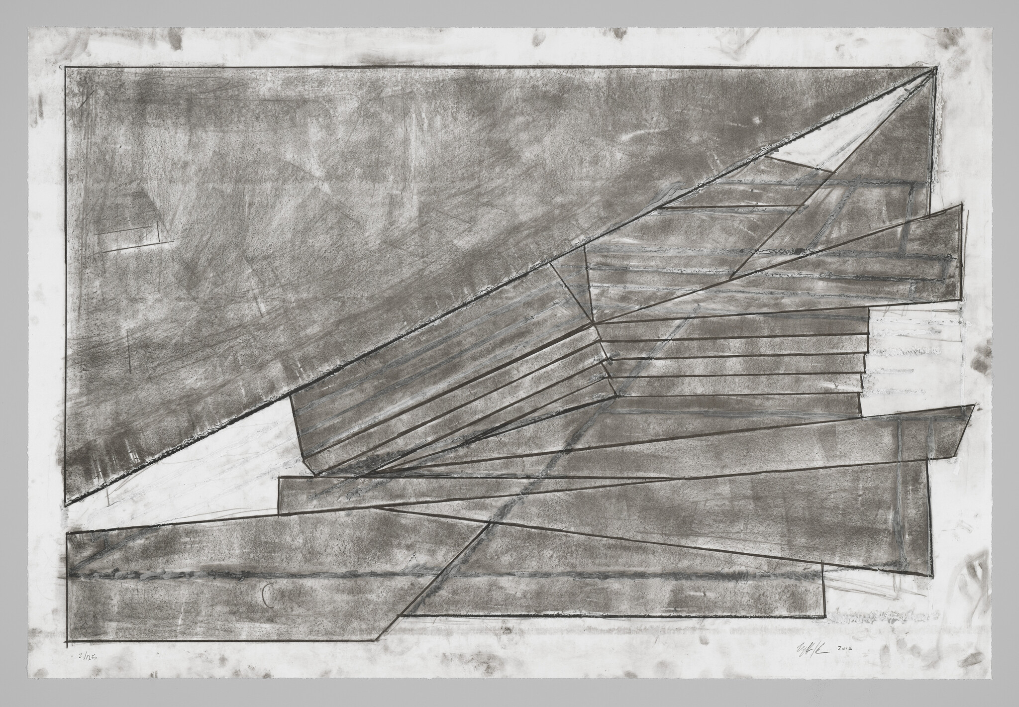 Abstract charcoal drawing of layered angular shapes and diagonal lines forming a fan-like structure.