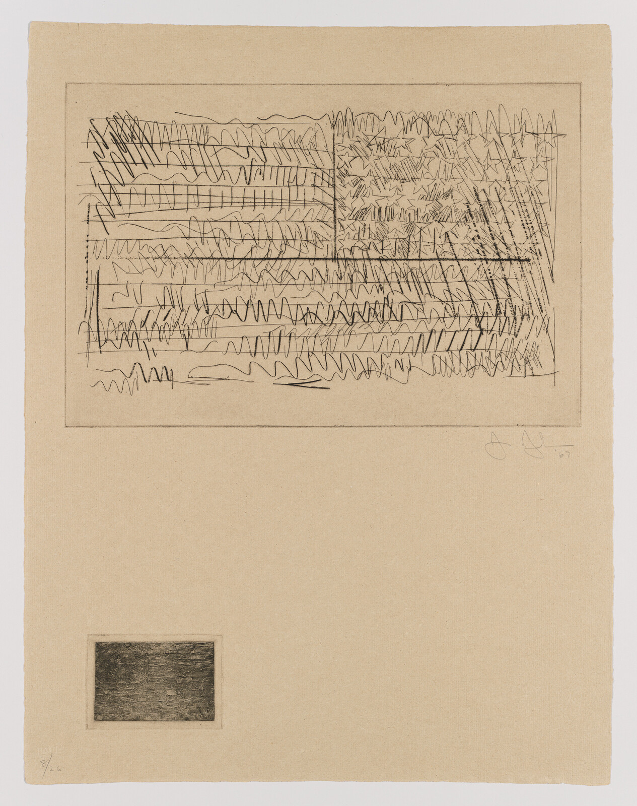 Hand-drawn abstract American flag with scribbled lines and stars above a blank beige sheet.