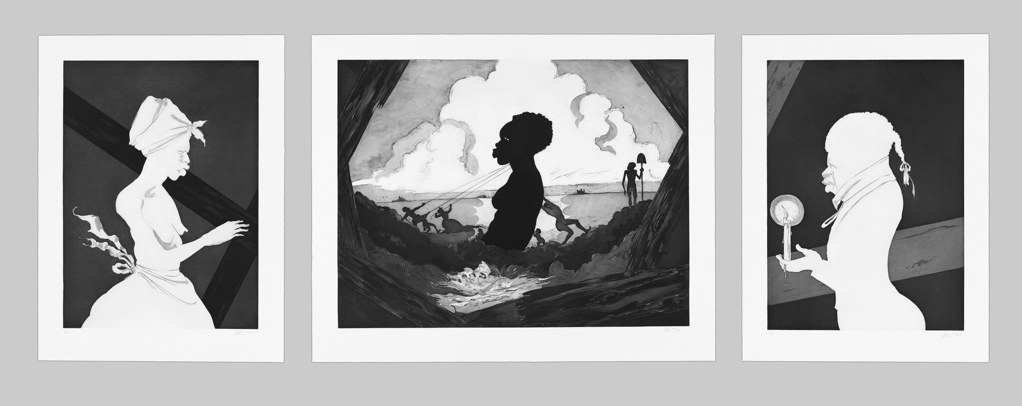 Three monochromatic panels depicting stylized scenes with silhouetted figures and dramatic lighting. The first panel shows a profile of a woman with a flowing headscarf and dress, the second panel features a silhouette of a person with an afro against a backdrop of clouds and figures pulling on ropes, and the third panel presents a profile of a person holding a barometer, all rendered in a grayscale palette.