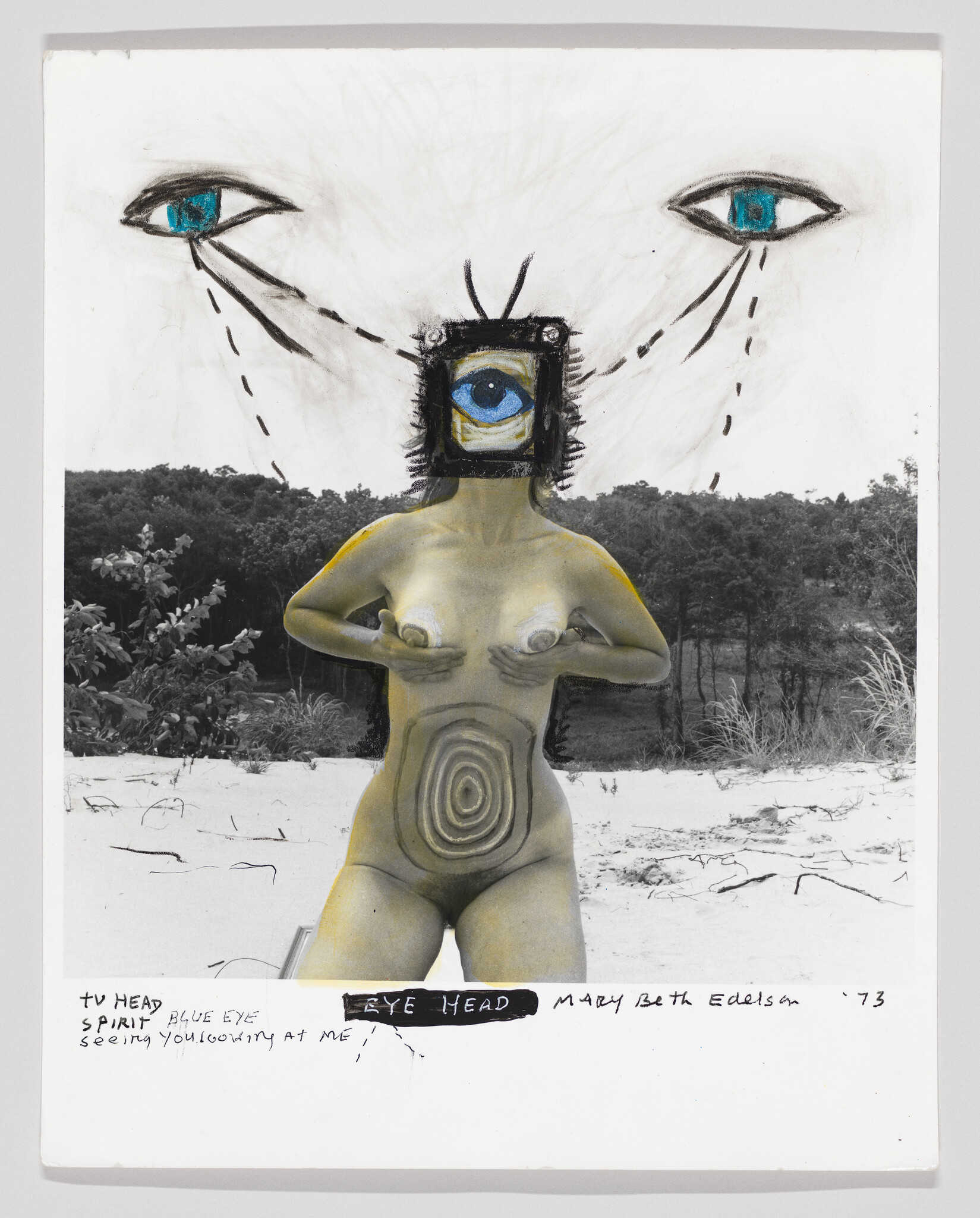 Nude figure with a TV-like head showing a single eye stands with hands covering breasts.