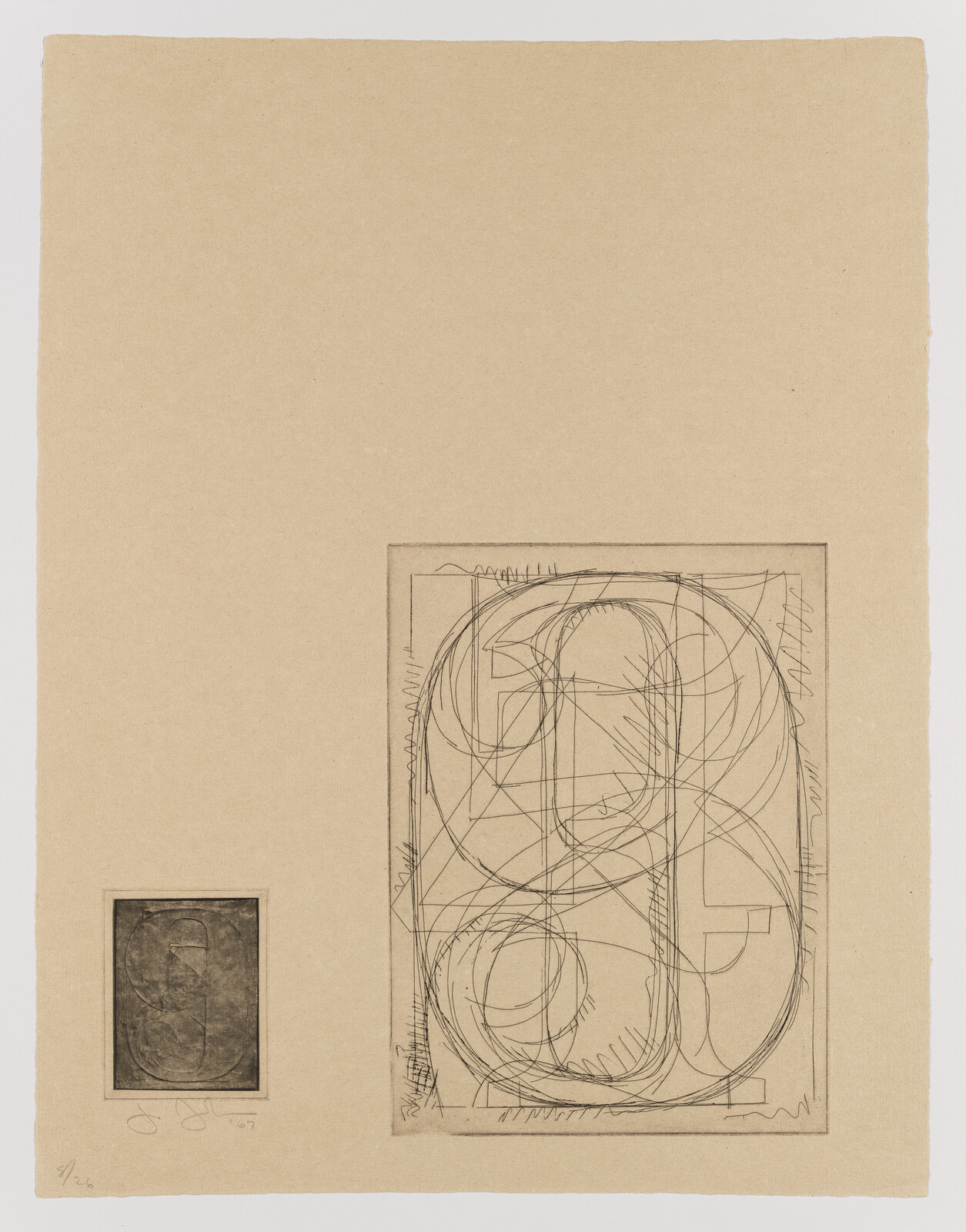 An etching on paper featuring two images with a larger, abstract sketch of a number or letter on the right and a smaller, darker, more detailed etching on the left, both mounted on a beige background. The larger sketch appears to be a stylized, oversized number "8" with numerous overlapping lines, while the smaller etching is more difficult to discern but seems to contain a figure or symbol. There are artist's markings at the bottom, including a signature and date on the left and a fraction, possibly denoting the print's edition number, on the right.