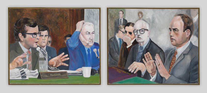 Two framed paintings show men testifying and reacting during a tense congressional hearing.