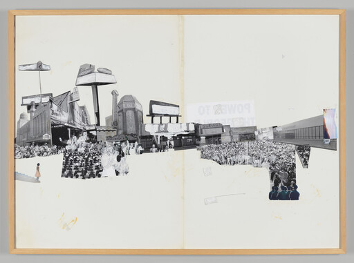 Collage of urban theaters and large crowds arranged across a wide blank background.