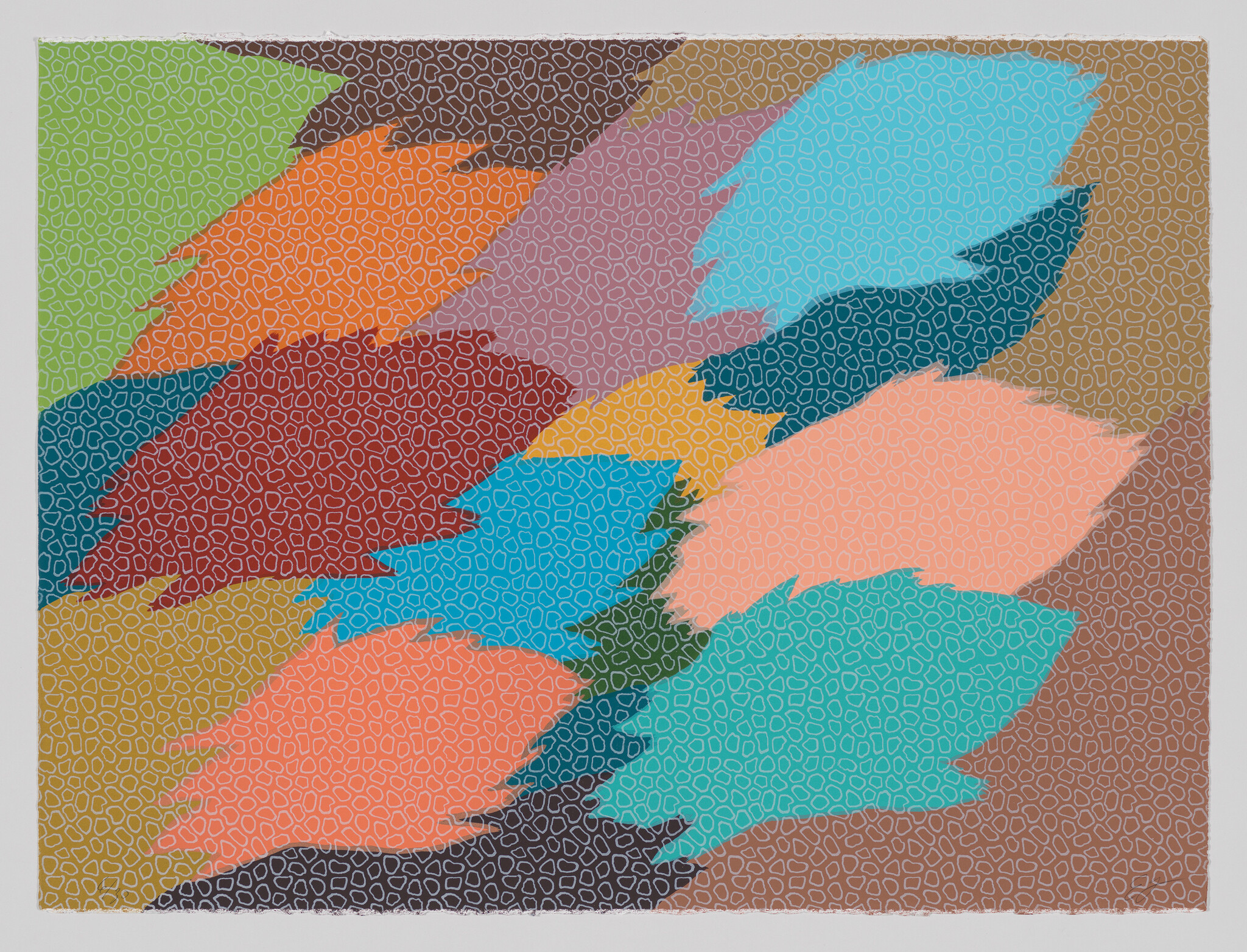 A colorful abstract artwork featuring overlapping shapes in shades of blue, orange, green, and pink, all set against a background patterned with small, repetitive, hexagon-like shapes.