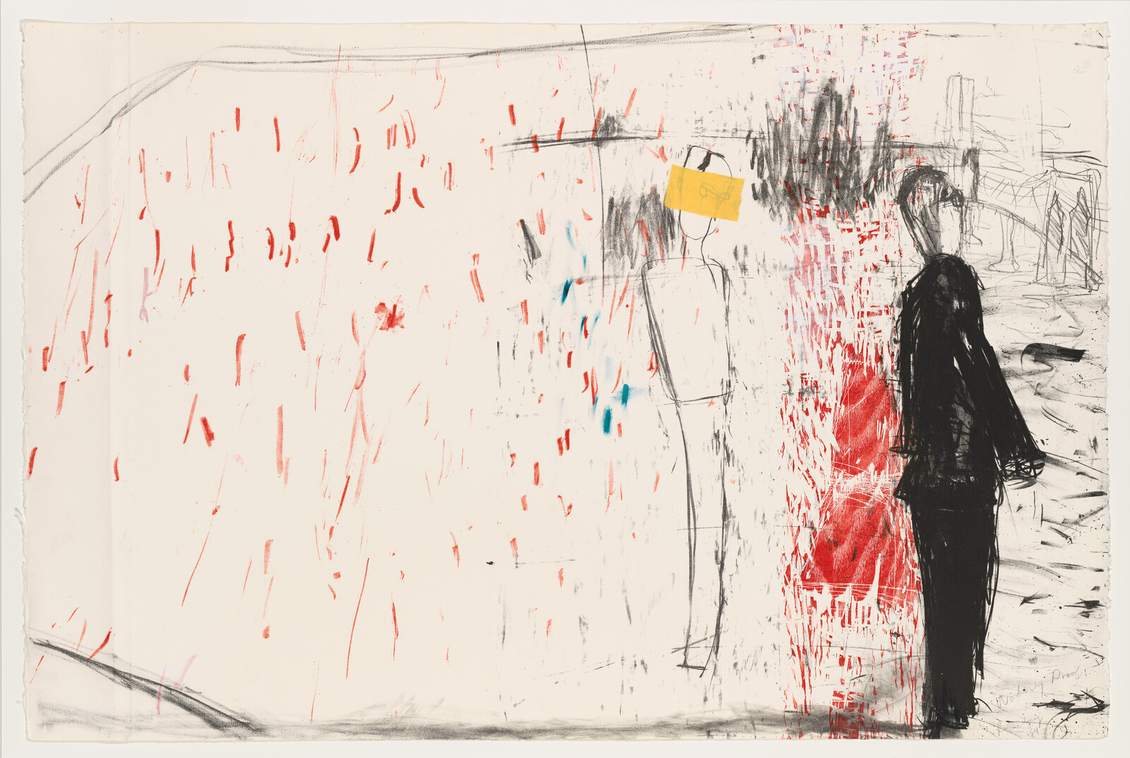 A dark figure stands beside a red textured area as a faint outline has a yellow square on its head.