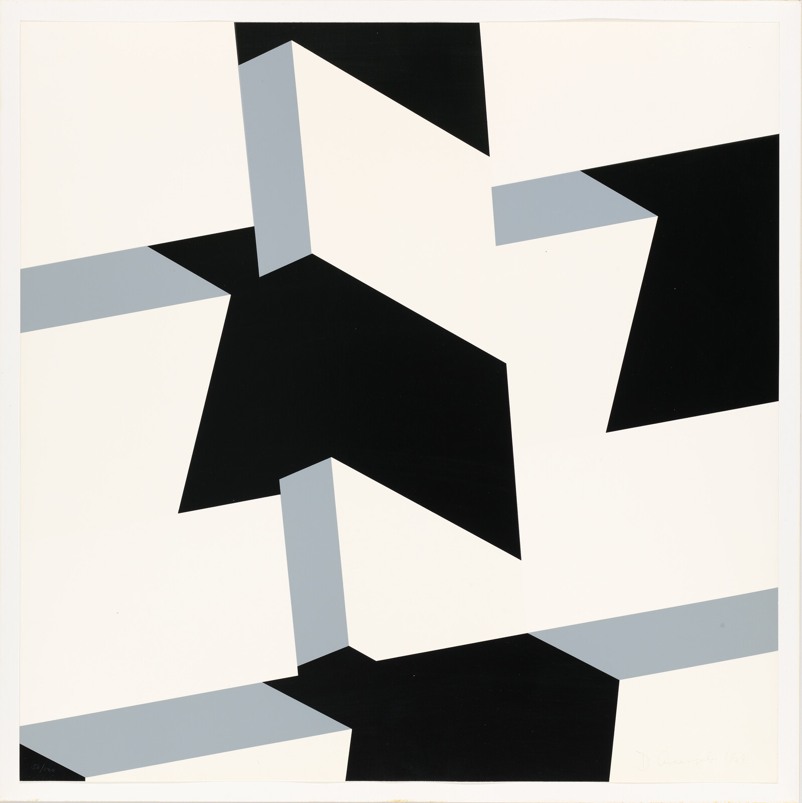 Black, white, and gray geometric shapes form interlocking three-dimensional block-like structures across the image.