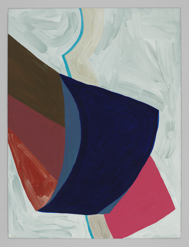 A modern abstract painting featuring bold geometric shapes in blue, red, and brown with a light blue outline against a textured white background.