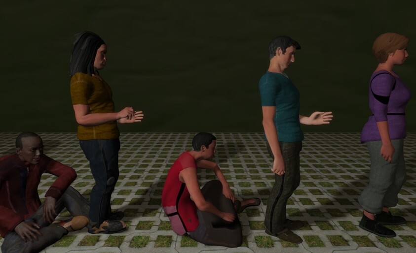 Five people in a line, each in different poses: sitting, standing, and walking, on a tiled surface with a dark green background.