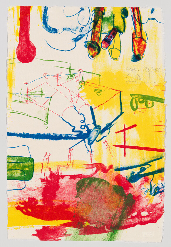 Abstract colorful artwork with red and yellow paint splashes, blue sketch lines, and green shapes.