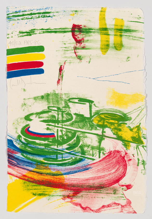 Abstract colorful print with swirling brushstrokes and stacked circular shapes suggesting drums.