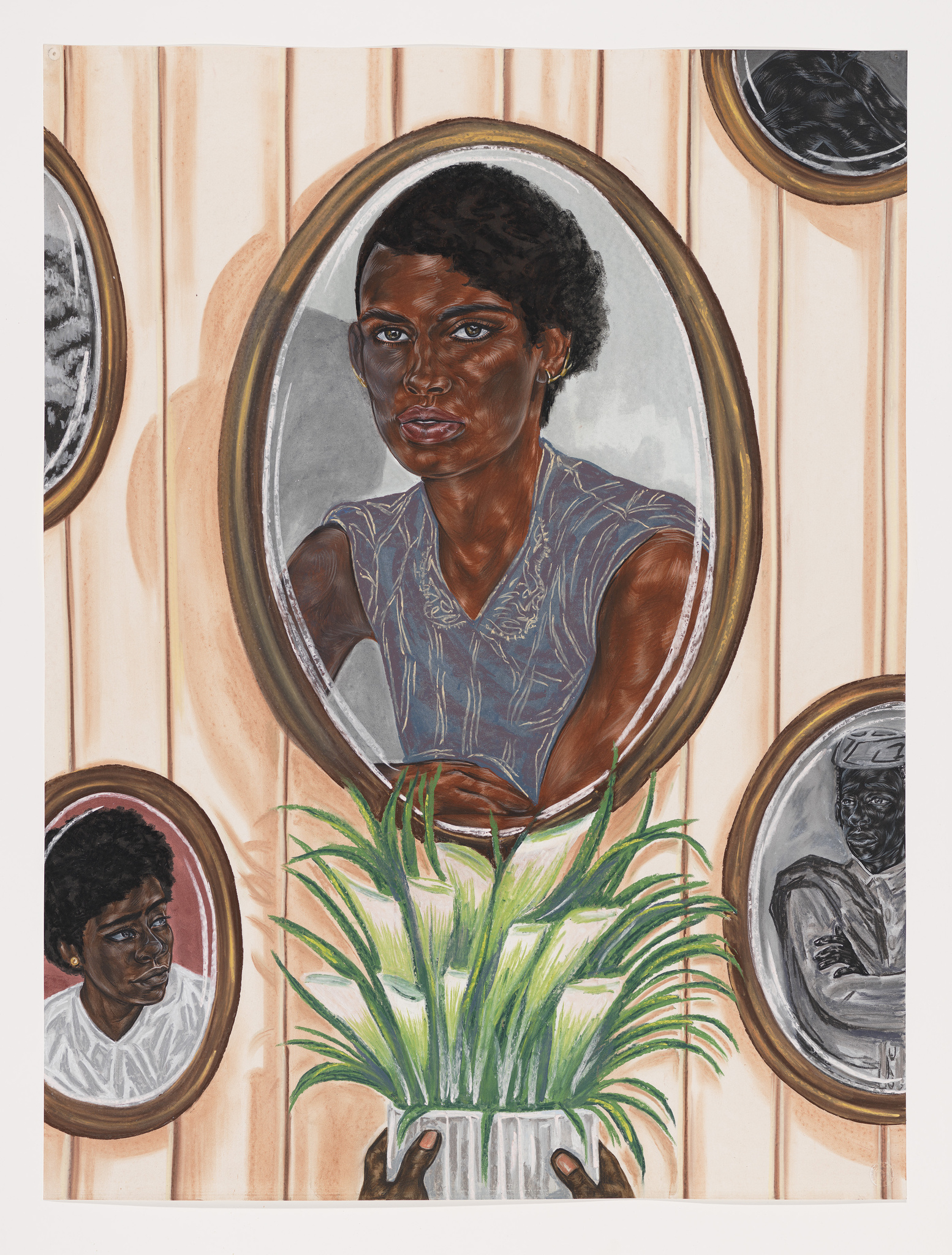 A wall with a portrait of a Black woman, with additional portraits and hands holding a vase of lillies surrounding her.
