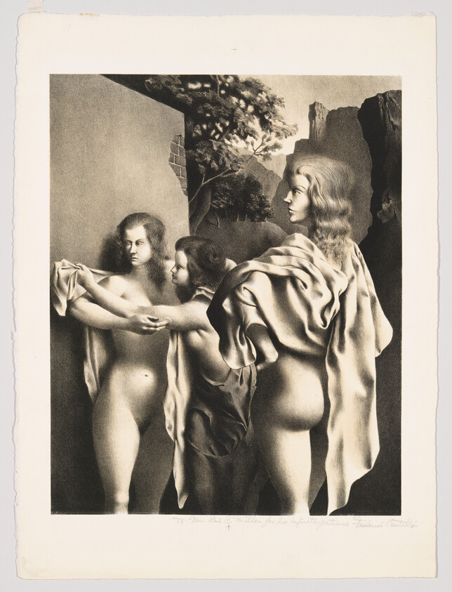 Three young women stand together, two holding a cloth while the third looks away.