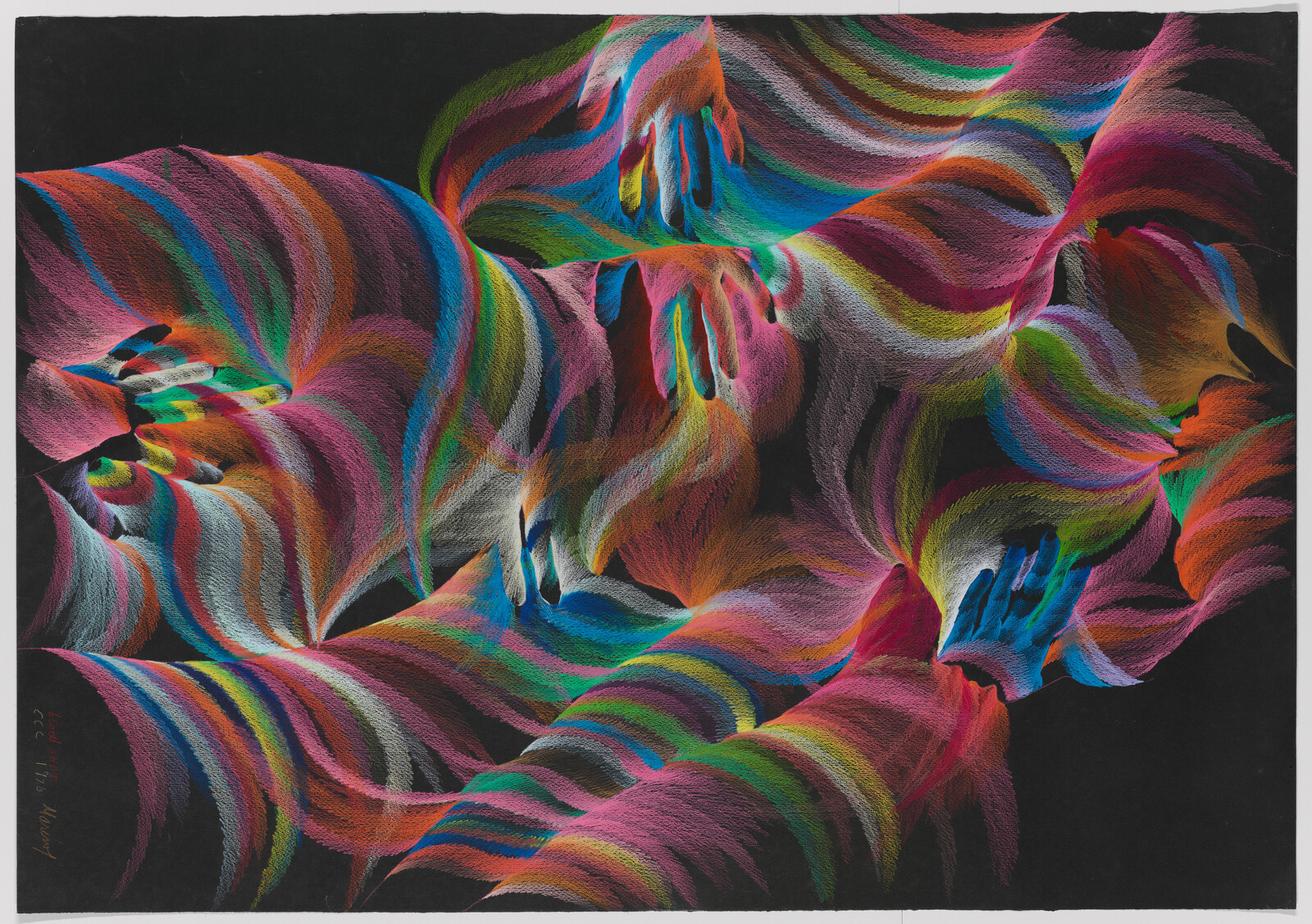 Multiple blue hands emerge from swirling rainbow ribbon-like shapes against a black background.