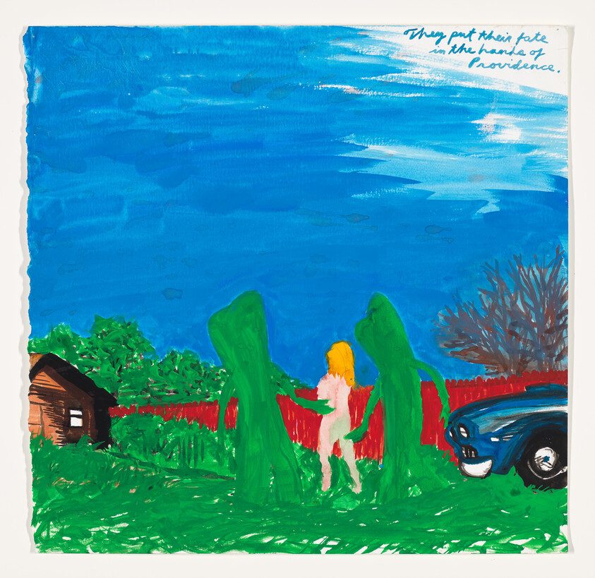 Two tall green figures escort a small blonde person across a grassy yard.