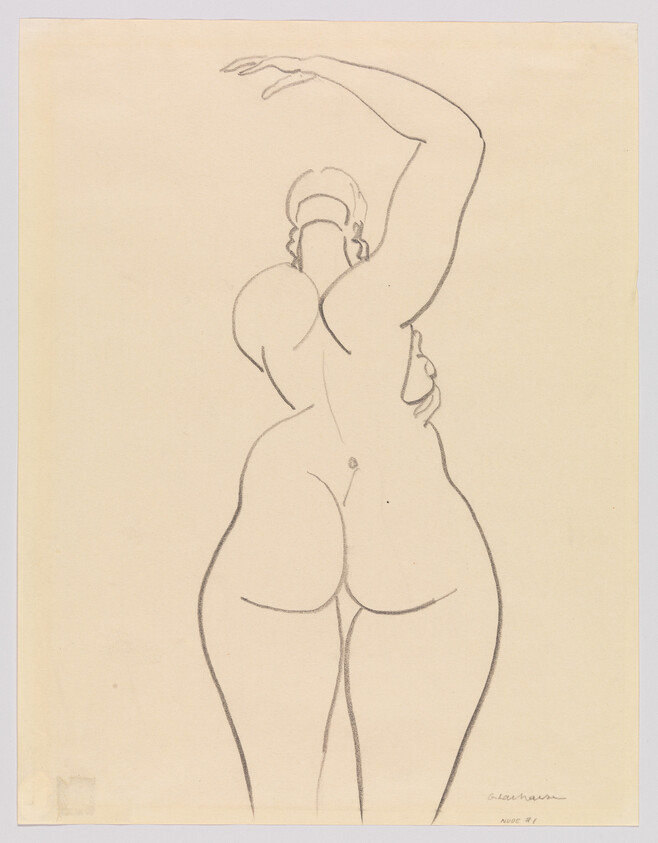 Nude figure seen from behind with one arm raised in a graceful pose.