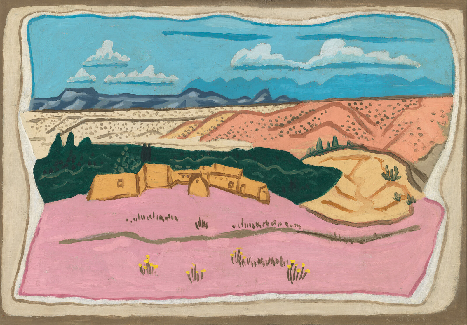 A colorful desert landscape with adobe buildings by dark trees and a pink wildflower foreground.