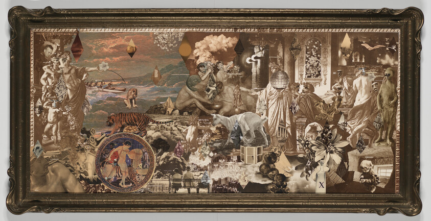 Large framed sepia collage combining classical statues, animals including an elephant and tiger, and landscapes.