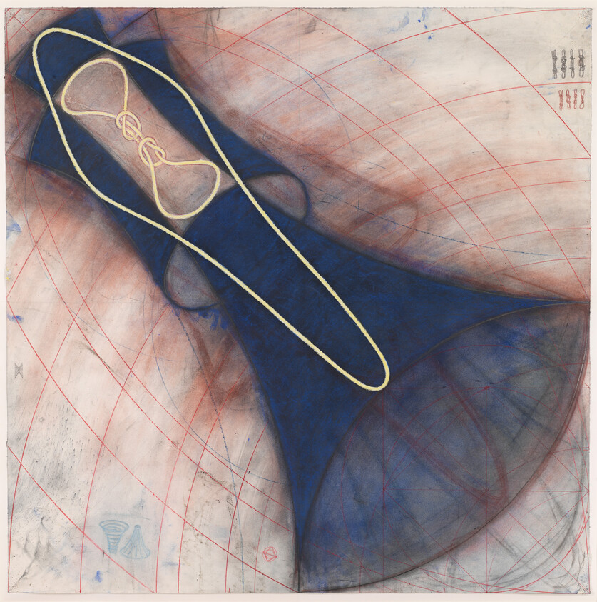 Large dark blue abstract form with a looping yellow line over faint red grid lines.