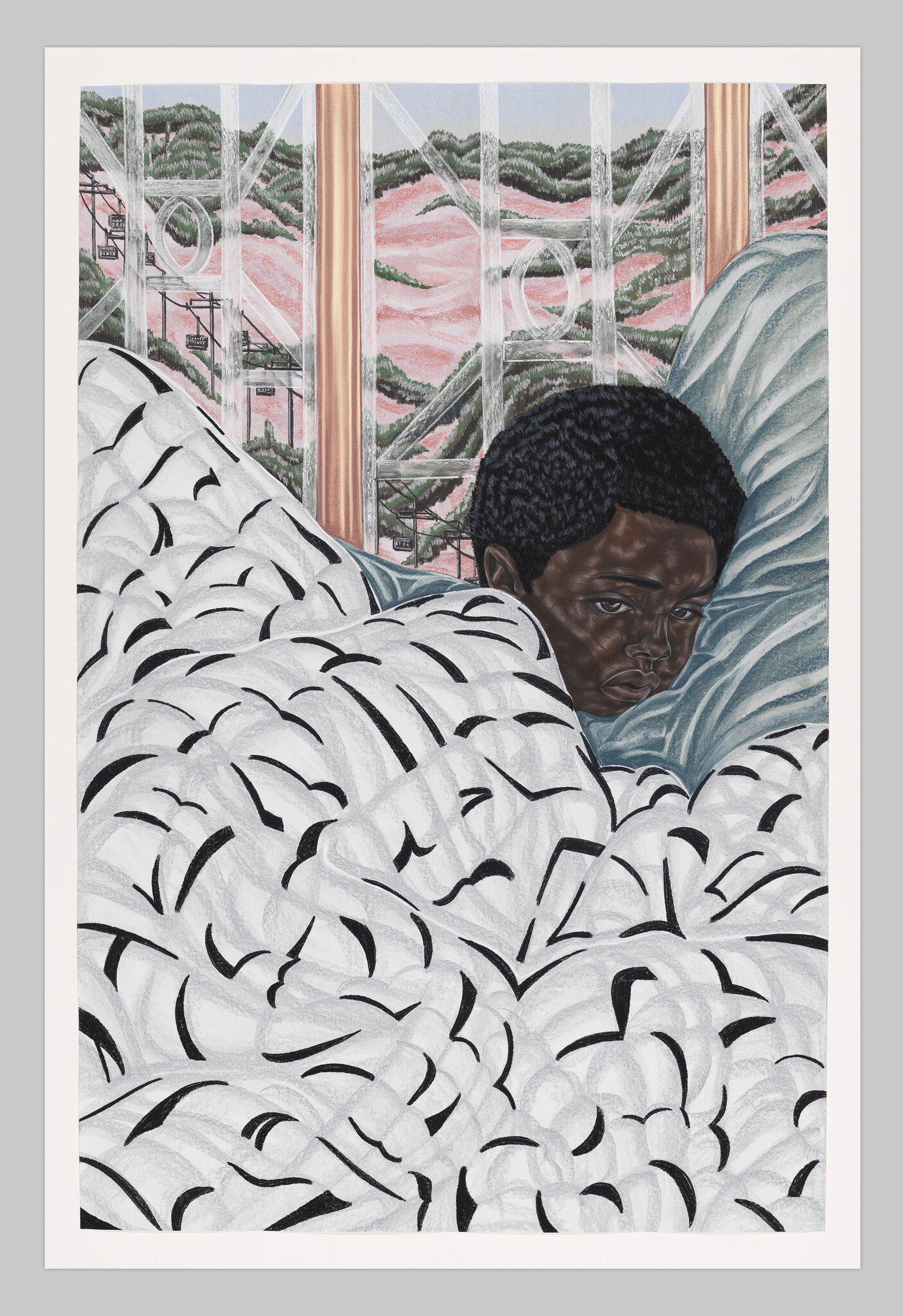A Black child with a nervous expression is tucked into bed in front of a lavish window.