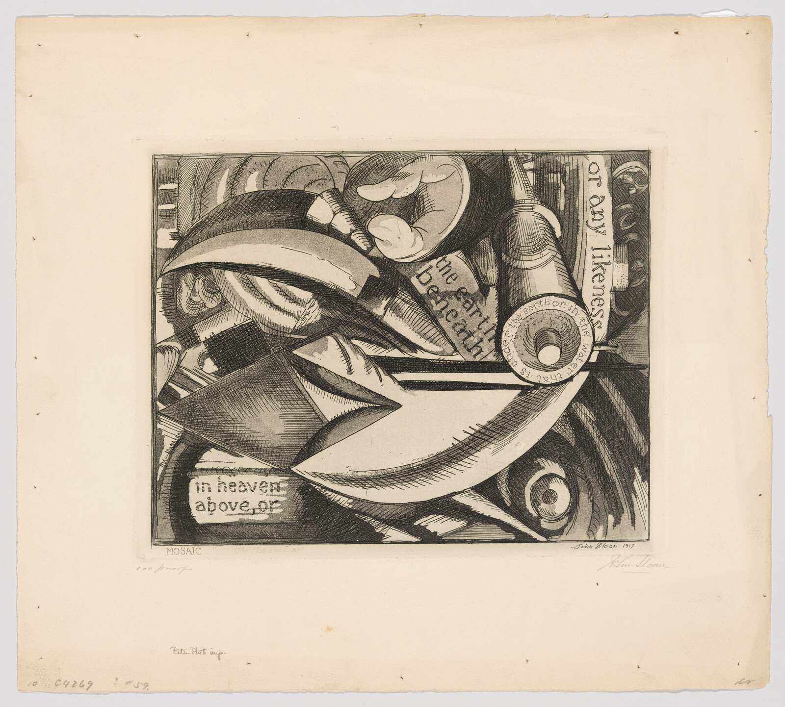 Abstract black-and-white etching of overlapping curved shapes and mechanical parts with text "in heaven above, or".
