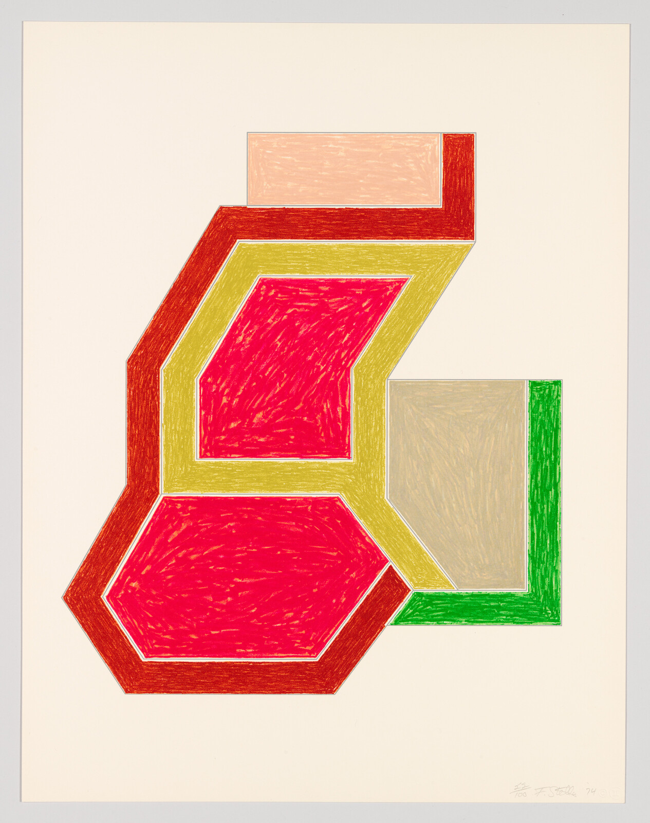 Bold geometric shapes with red hexagon and yellow outlines connected to beige and green rectangles.