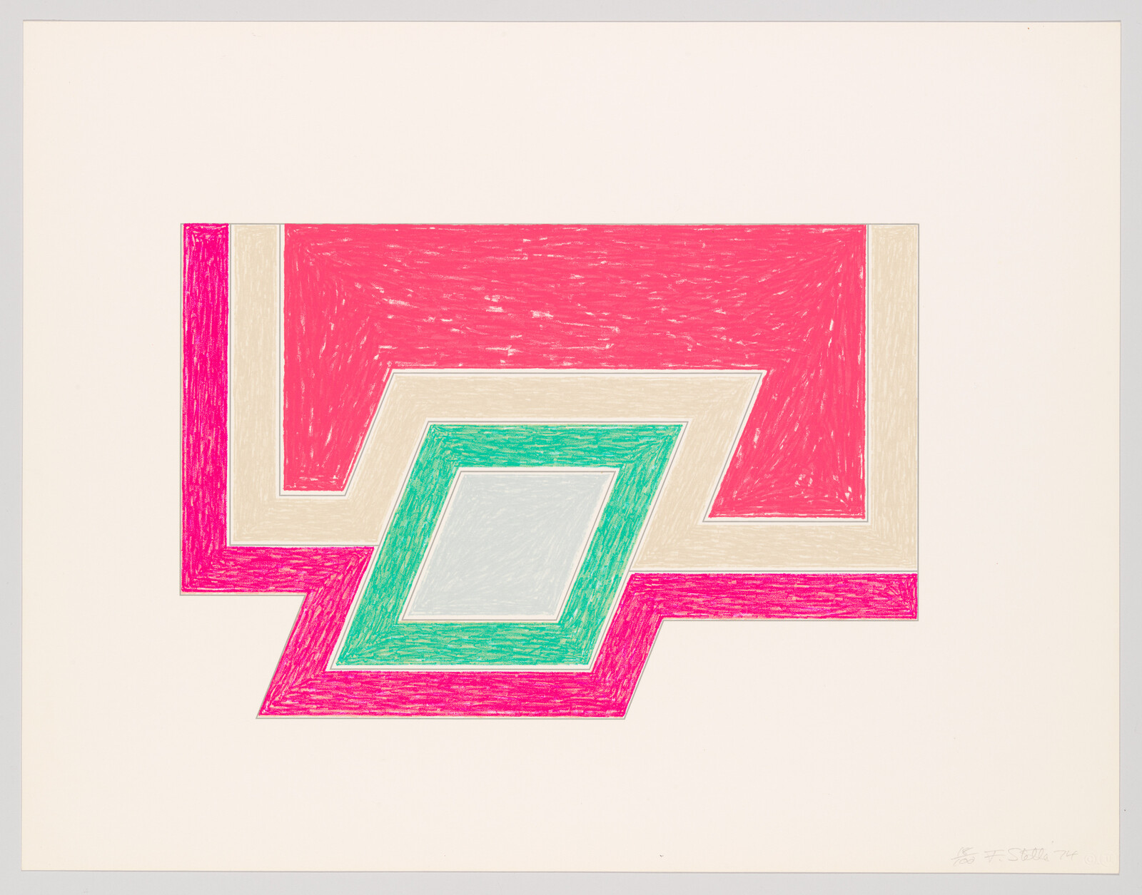 Concentric angular rectangles in bright pink, beige, green, and gray centered on a white background.