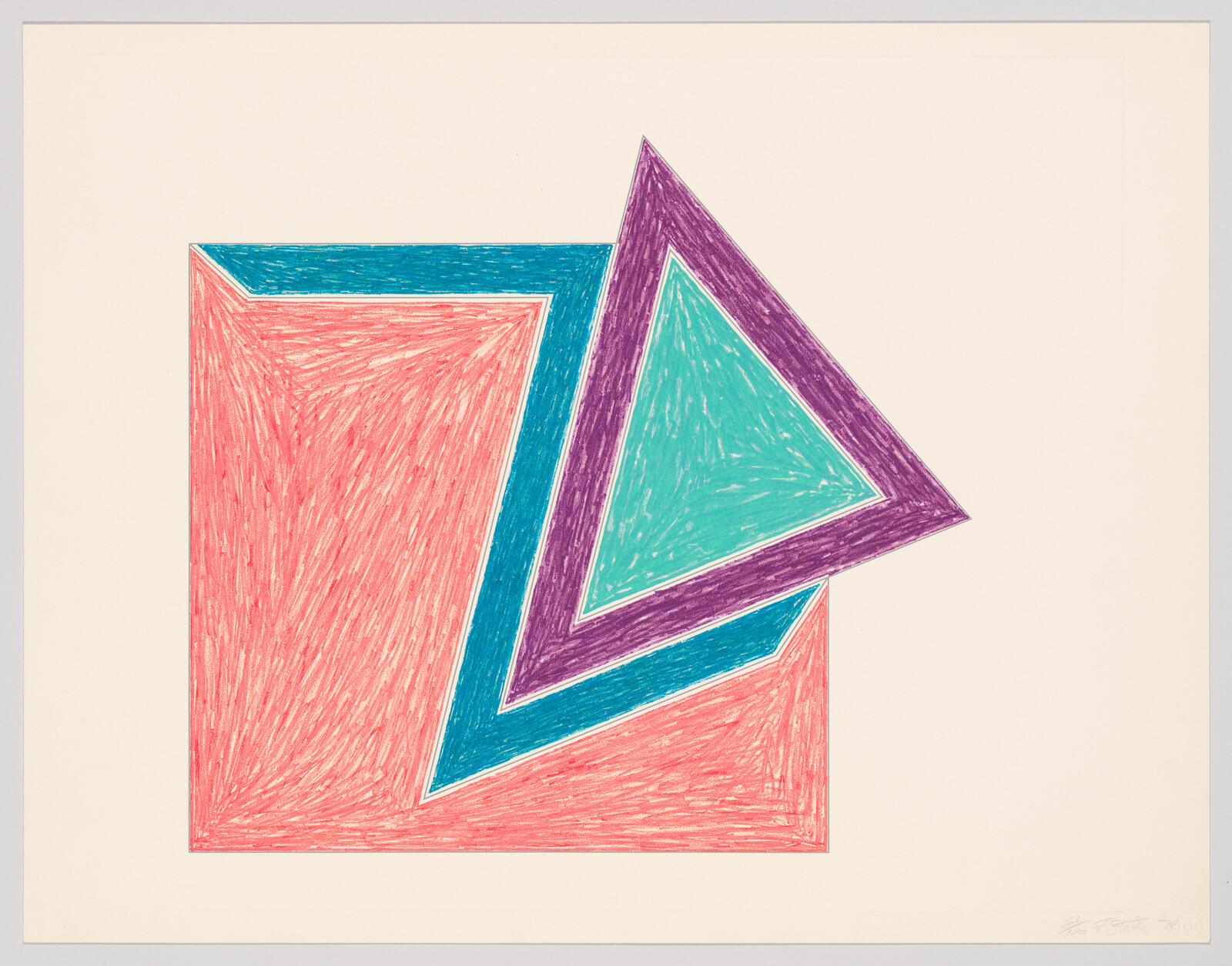 A red textured square with an overlapping teal triangle outlined in purple and blue.