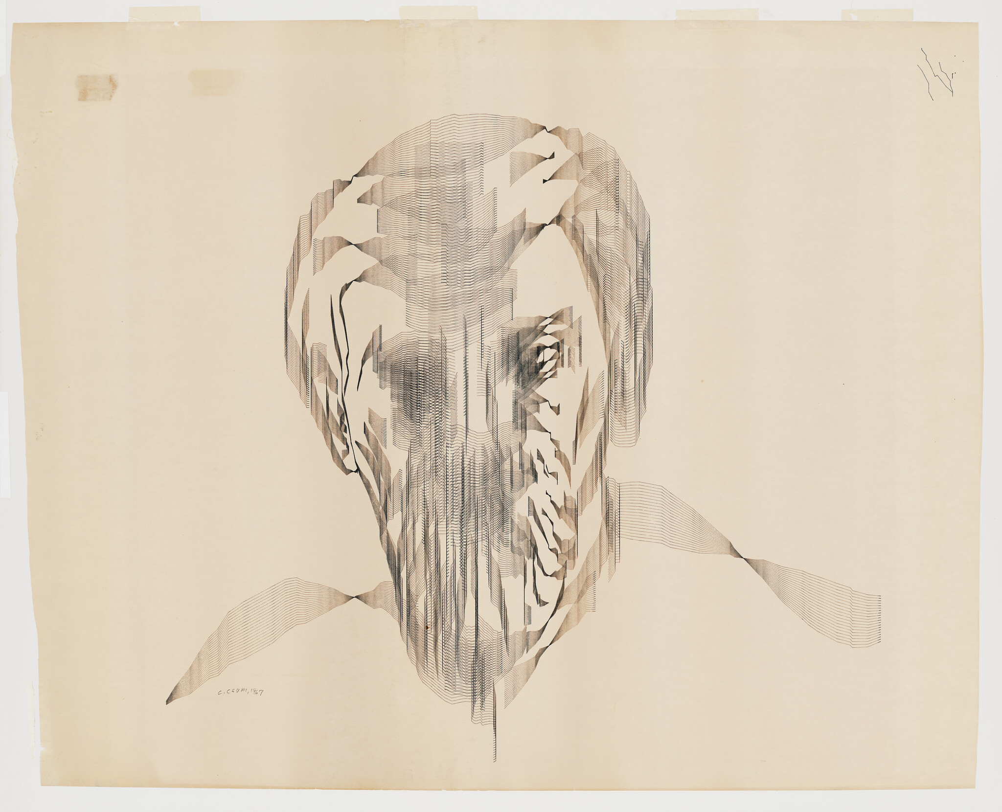 A fragmented male face composed of layered vertical lines and geometric shapes on beige paper.