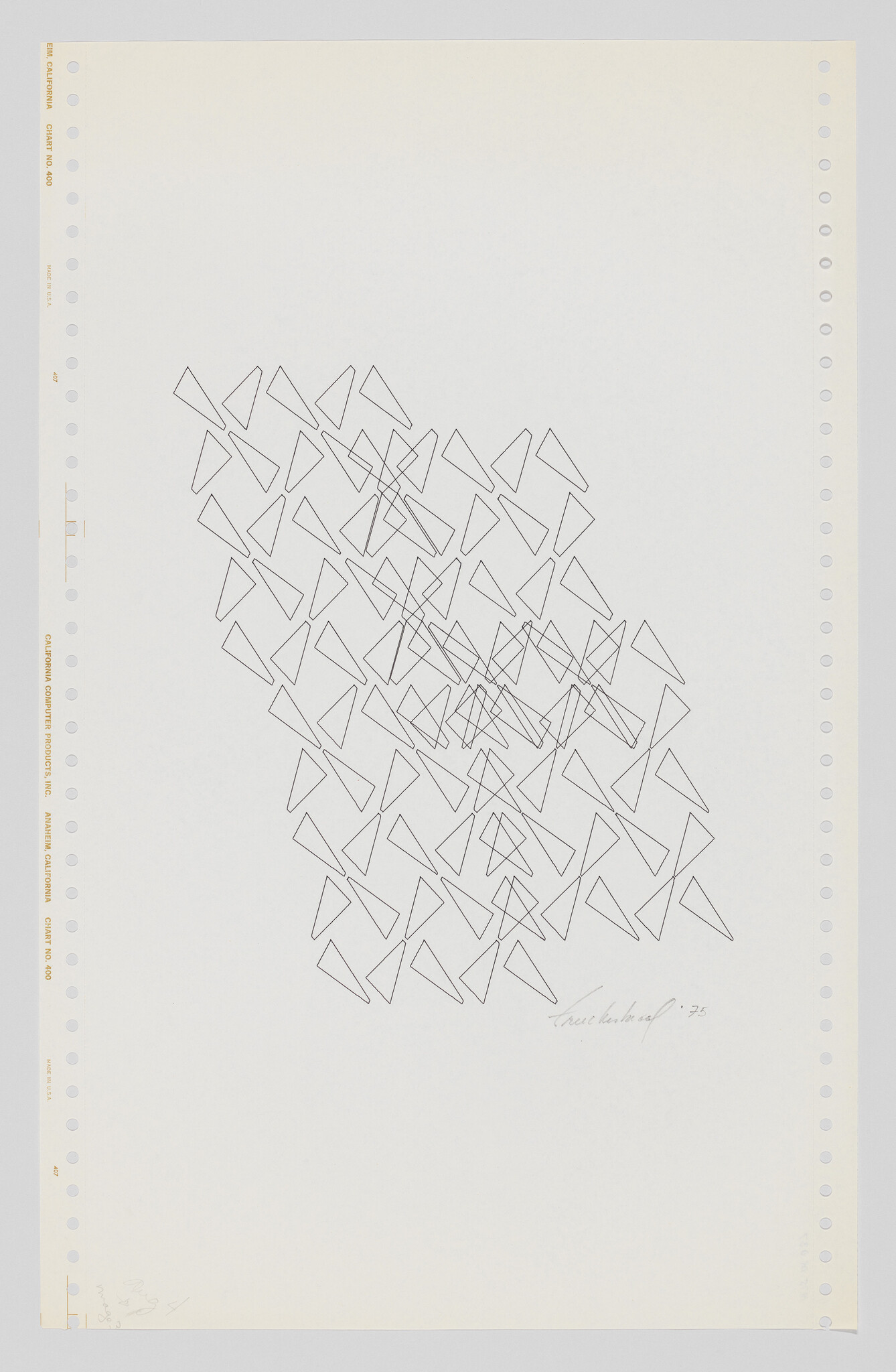 Large perforated computer paper with a diagonal cluster of overlapping outlined triangle shapes.