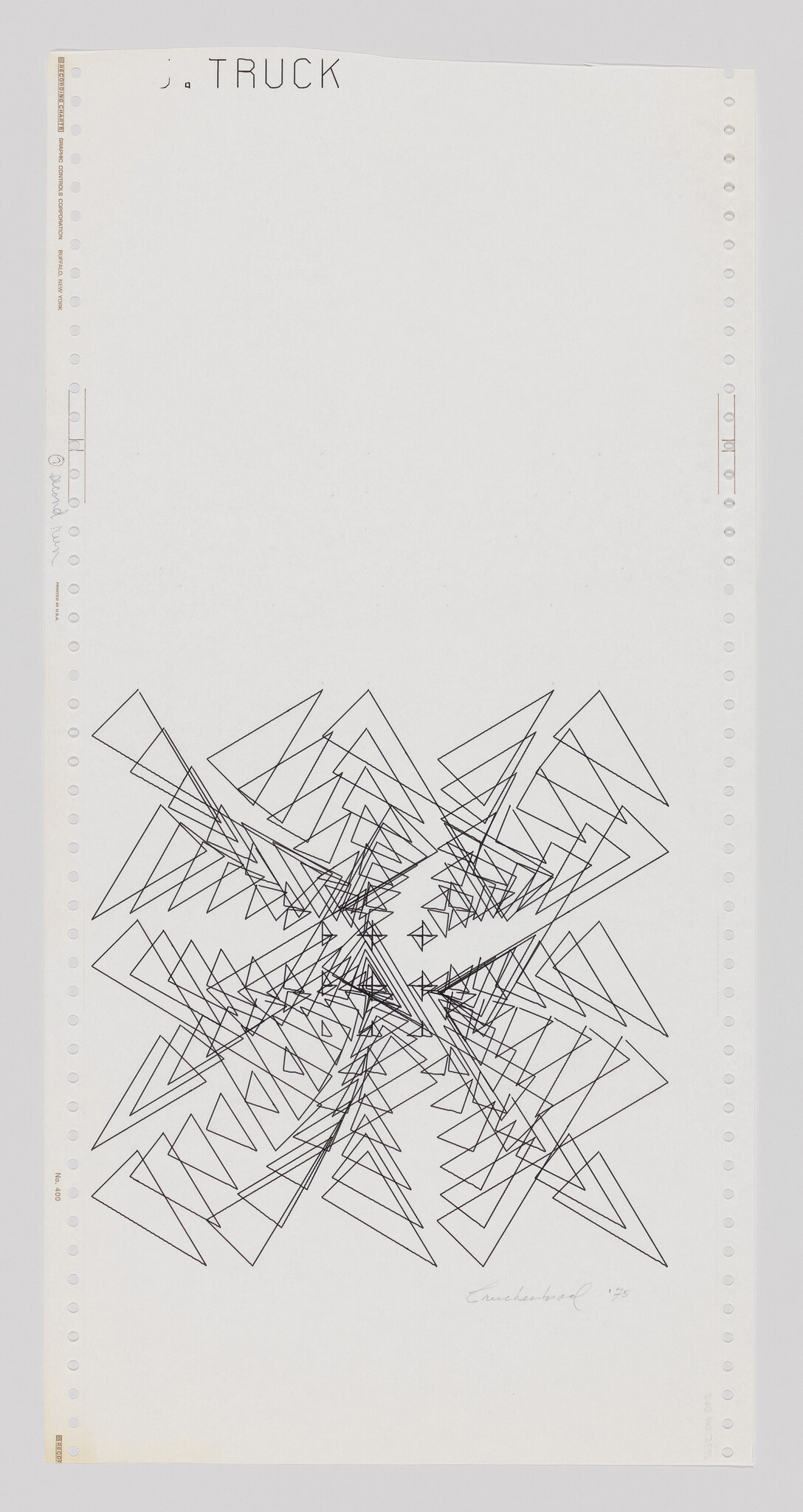 A black and white abstract drawing featuring a complex array of intersecting lines and triangles that create a symmetrical, kaleidoscopic pattern. The artwork is centered on a piece of white paper with perforations along the left edge, suggesting it may have been torn from a dot matrix printer. The top left corner has the text "J. TRUCK" printed, and the bottom right corner contains a signature and the year '85.