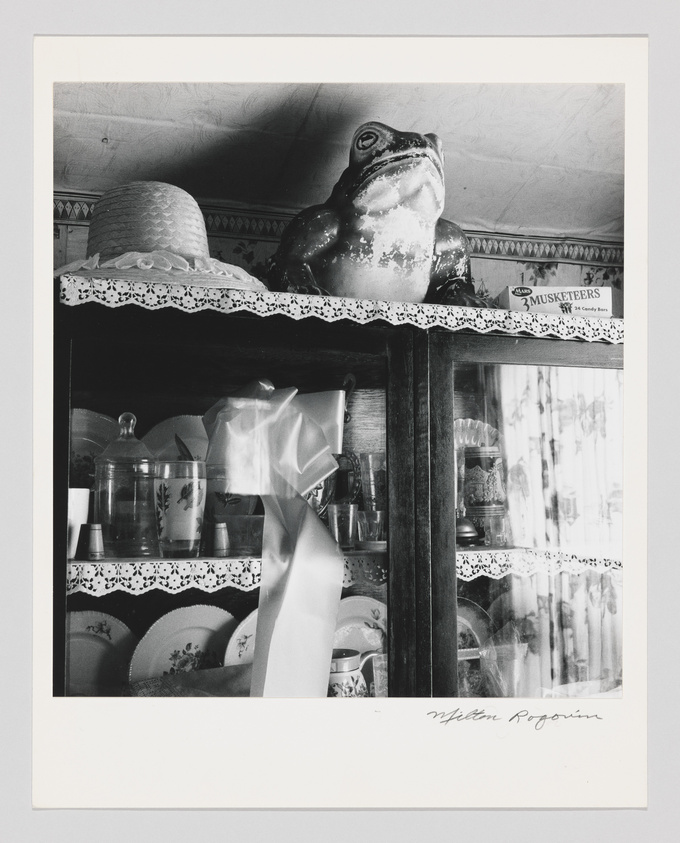 A black and white photograph depicting a variety of objects on a shelf, including a large ceramic frog, a straw hat with a floral band, and a box labeled "3 MUSKETEERS." Below the shelf, inside a glass-fronted cabinet, are neatly arranged dishes and glassware. The image has a signature at the bottom right corner.