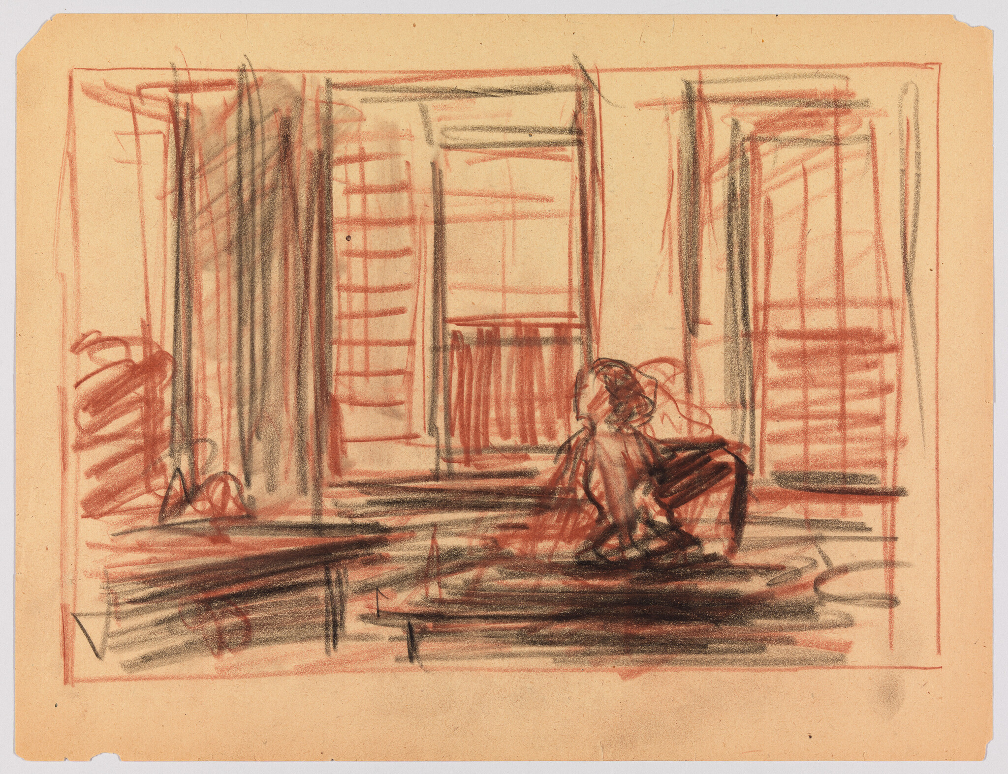 A rough charcoal and red pastel sketch shows a person kneeling by tall windows in a room.