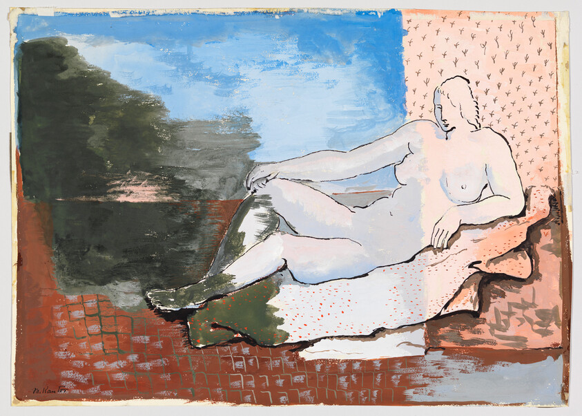 A reclining nude woman rests on patterned cushions against a blue and abstract background.