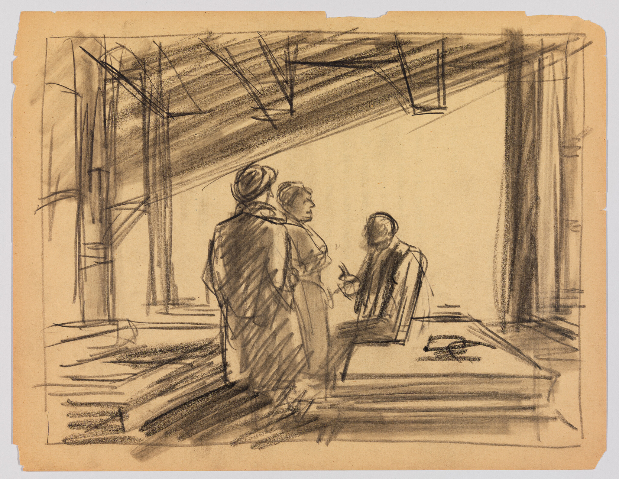 Sketch on tan paper depicting three figures in a room with classical architectural elements, including columns and beams. Two of the figures appear to be engaged in conversation while the third is seated, facing away from the viewer. The drawing is rendered with loose, expressive lines, suggesting an unfinished study or a moment captured in time.