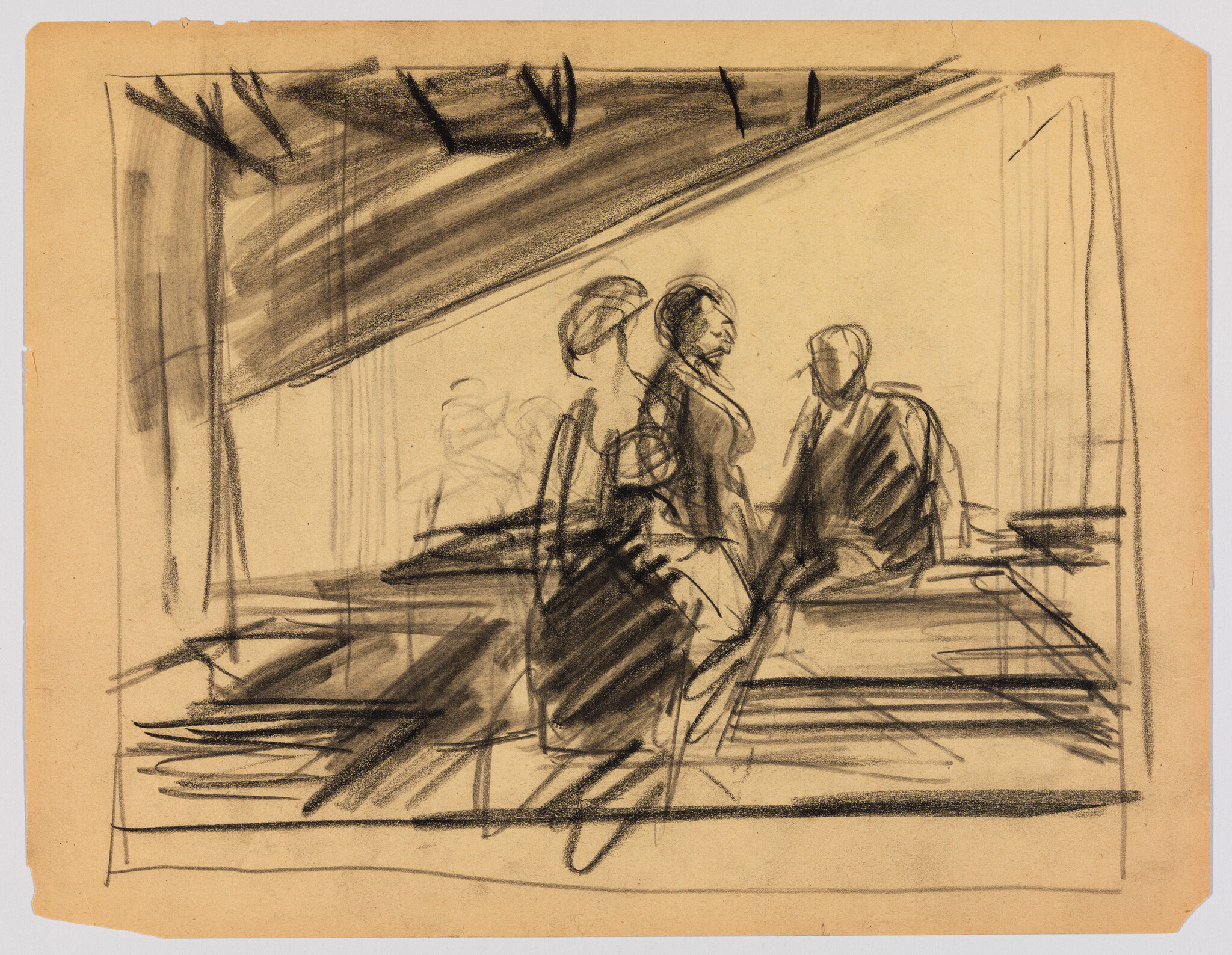 Sketch on tan paper depicting three figures in a room with strong light and shadow contrasts, suggesting an interior scene. The drawing is rendered with loose, expressive lines, and the figures appear to be engaged in conversation.
