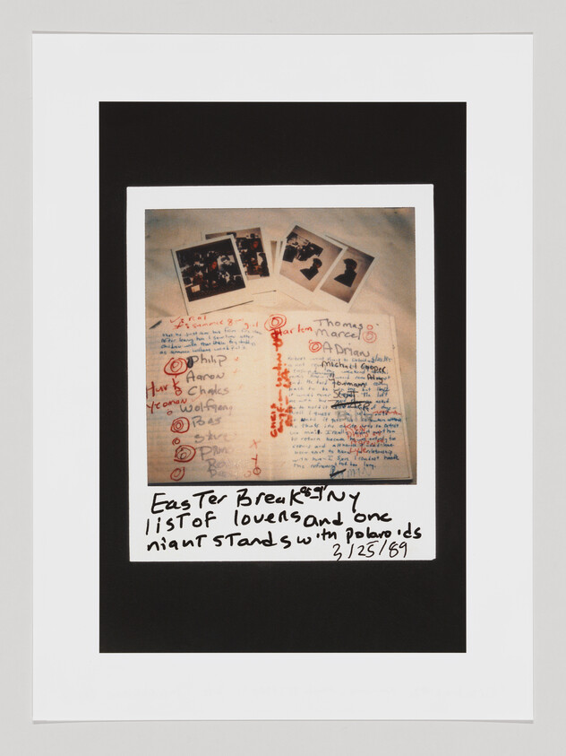 A framed artwork featuring a handwritten list with red and black ink annotations and several Polaroid photos above the list. The text at the bottom reads "Easter Breakfast list of lovers and one night stands with Polaroids 2/25/89". The overall composition suggests a personal and intimate snapshot of someone's memories or experiences.
