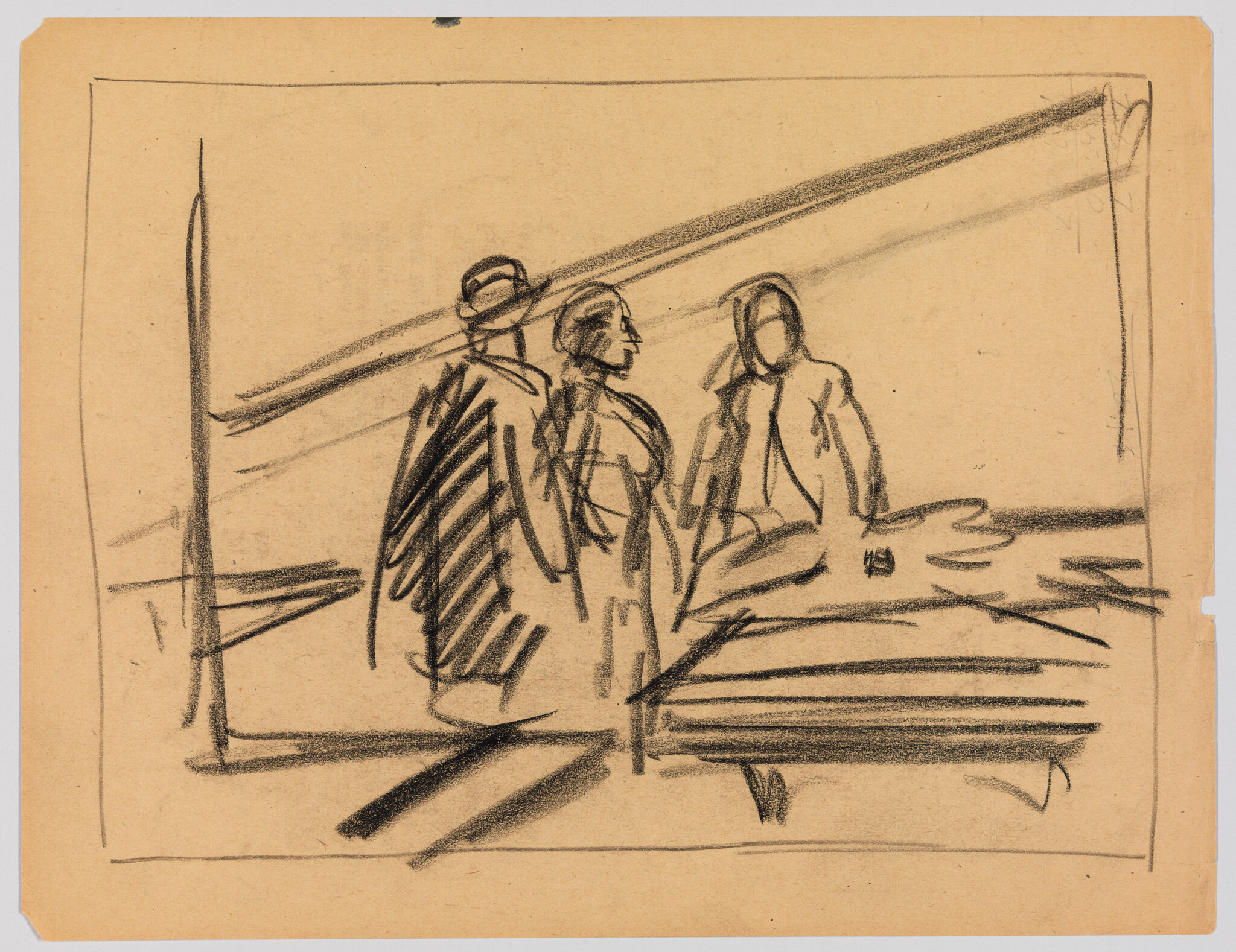 Sketch on tan paper depicting three figures, possibly women, in a rough, expressionistic style. The figures appear to be standing or walking together, with one in the foreground slightly turned towards the viewer. The background is minimal, with a few lines suggesting an interior space with a beam of light coming from the upper right corner. The drawing is characterized by dynamic, gestural lines and is signed with initials in the lower right corner.