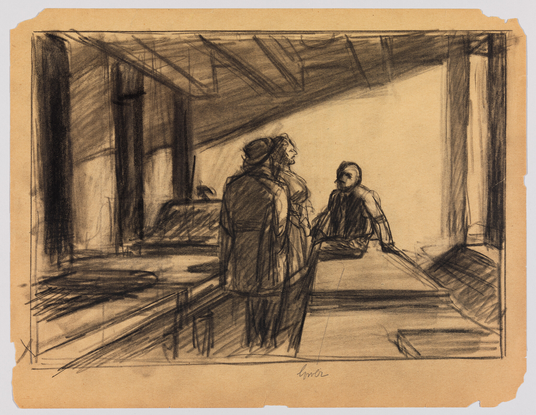 A sketch on tan paper depicting two figures in conversation in a dimly lit, industrial interior space with visible beams and shadows. The figure on the left appears to be gesturing while talking to the seated figure on the right, who is attentively listening. The artist's signature is visible in the lower right corner.