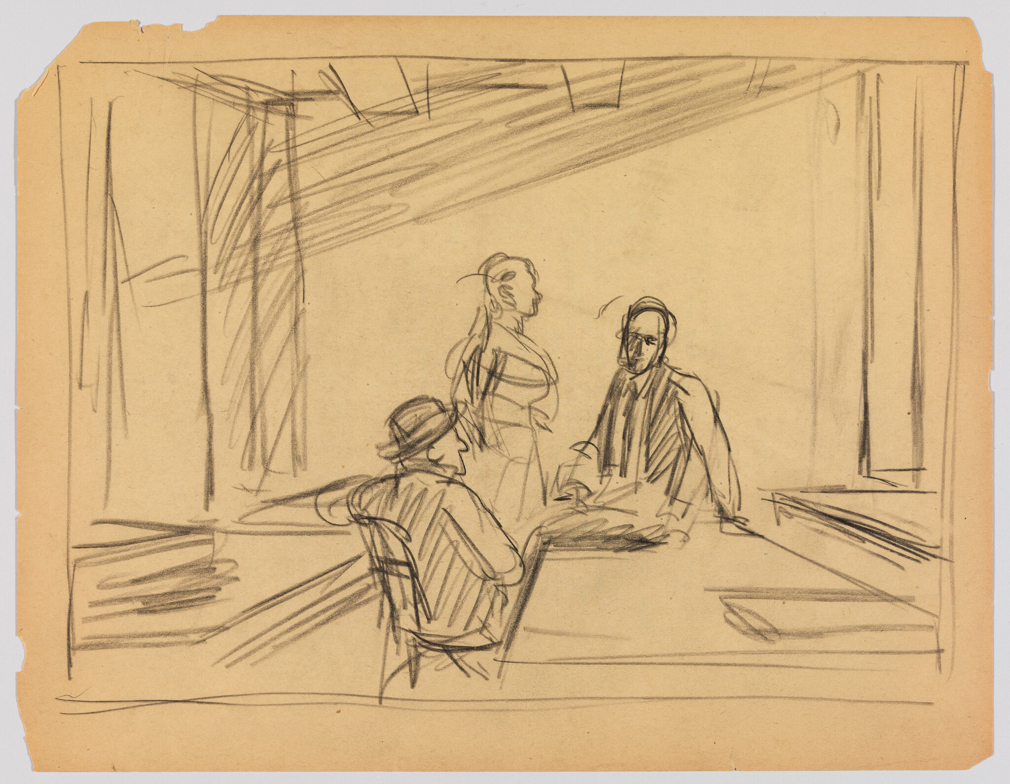 A rough pencil sketch on tan paper depicting three figures in an interior setting with minimal background detail. The figure on the left appears to be seated and wearing a hat, facing the other two figures. The central figure stands with one hand on their hip, while the figure on the right is also standing and seems to be in conversation with the central figure. The lines are expressive and gestural, suggesting the artist's focus on capturing the moment rather than fine details.