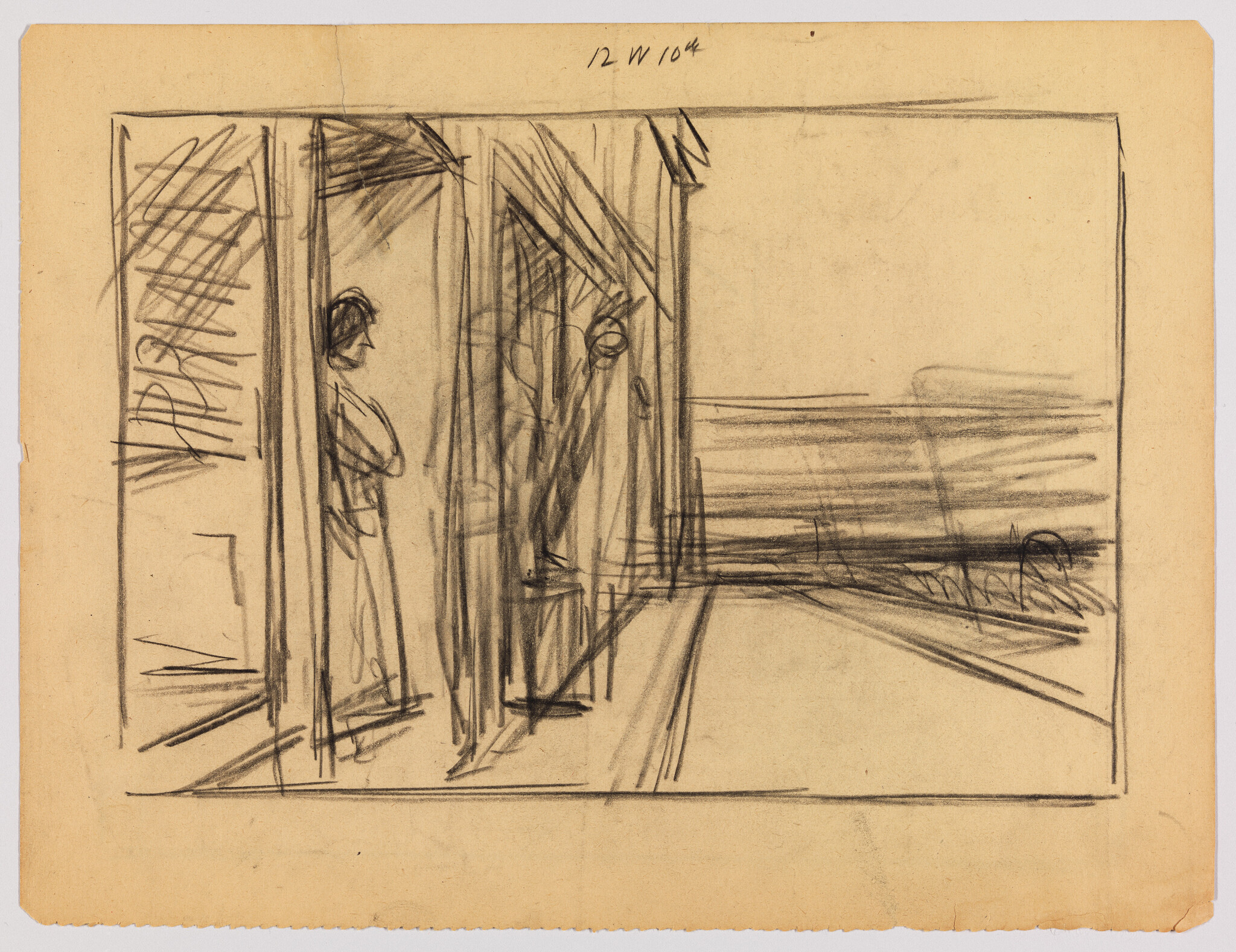 Two people stand in a porch doorway looking out toward a distant shoreline across the water.