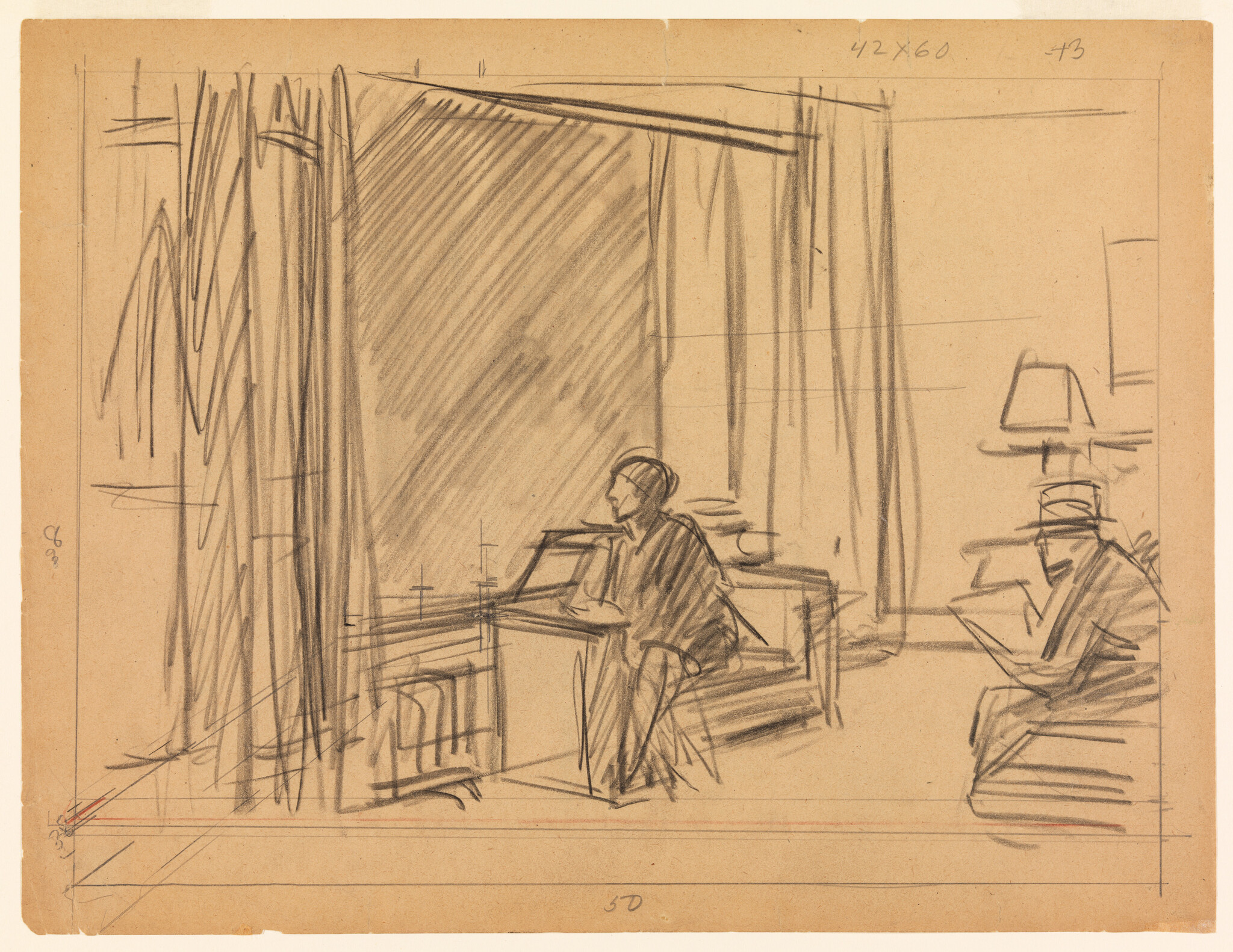 Two people sit in a sparse room, one at a piano by a large window and one reading.